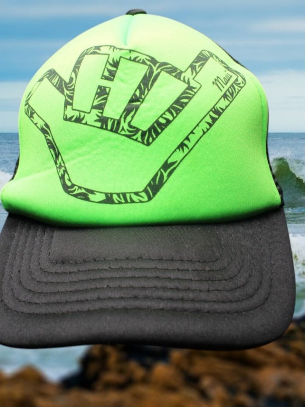 HAWAIIAN HEADWEAR MAUI SHAKA SIGN MESH GREEN & BLACK TRUCKER HAT CAP
